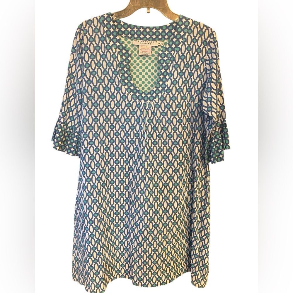 Gretchen Scott Sz L Green Blue Polka Dot Scoop Neck Pocket Cotton Dress